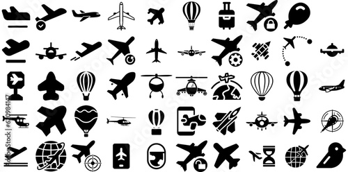 Huge Collection Of Flight Icons Collection Hand-Drawn Linear Drawing Web Icon Aeroplane  Aircraft  Icon  Plane Pictograph For Computer And Mobile