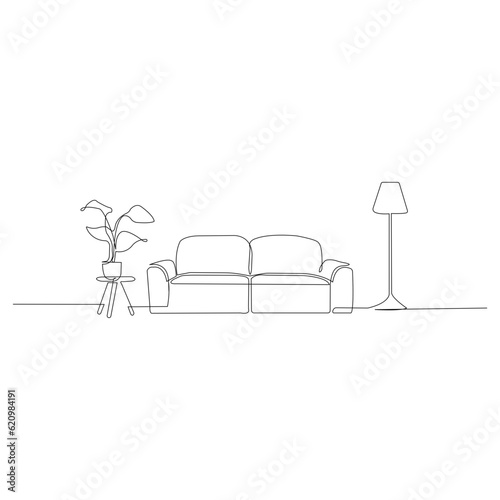 One continuous Line drawing of sofa and lamp and potted plant. Stylish furniture for living room interior in simple linear style. Editable stroke Vector illustration