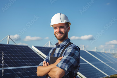 Portrait of professional engineer technician standing at solar panels power plant for sustainable energy. Generative AI