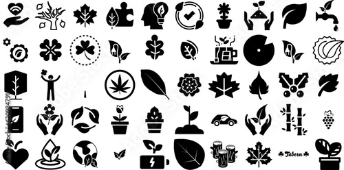 Big Collection Of Leaf Icons Collection Hand-Drawn Black Infographic Signs Silhouette, Global, Trinity, Set Symbol Isolated On White Background photo