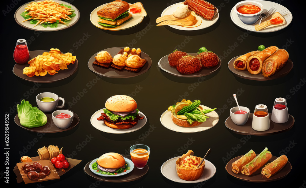 Realistic Food menu icons isolated on black or white background. Realistic Food menu icons isolated on black or white background.