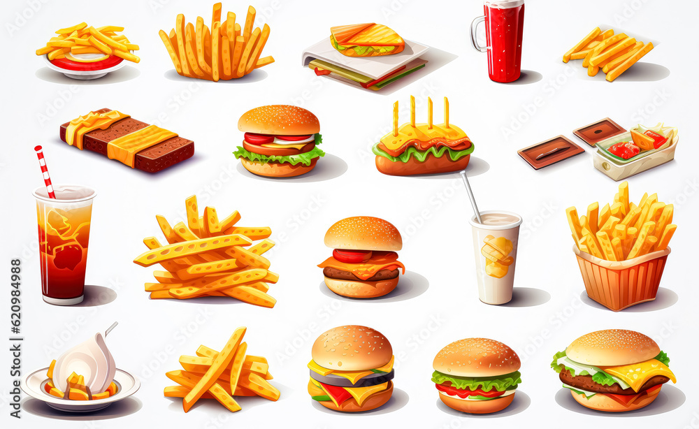Realistic Food menu icons isolated on black or white background. Realistic Food menu icons isolated on black or white background.
