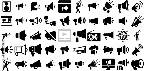 Big Collection Of Megaphone Icons Bundle Hand-Drawn Solid Simple Symbols Speaker, Marketing, Icon, Festival Doodles Vector Illustration