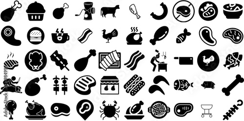 Massive Set Of Meat Icons Set Black Modern Symbols Vegetable, Plant, Icon, Silhouette Silhouette For Apps And Websites