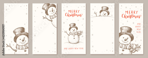 Canvas Print Christmas background with snowman and snowflakes
