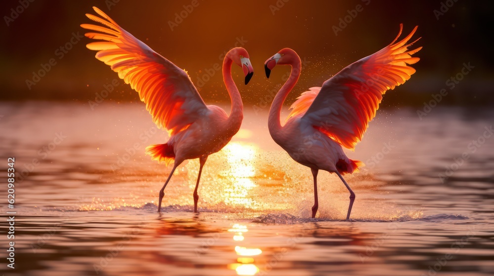 pink flamingo on the water - obrazy, fototapety, plakaty 