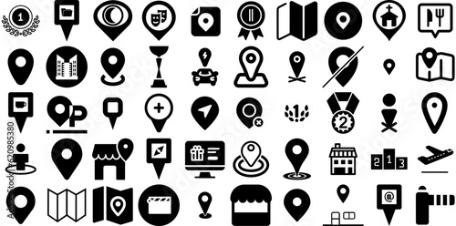 Mega Set Of Place Icons Collection Hand-Drawn Isolated Cartoon Signs Note, Icon, Symbol, Mark Logotype Vector Illustration