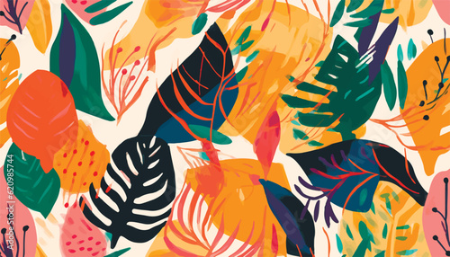 Modern exotic jungle plants illustration pattern. Creative collage contemporary floral seamless pattern. Fashionable template for design.