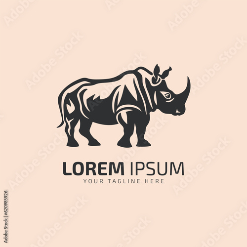 Vector illustration of a silhouette of a rhino standing on silhouette isolated skin background. Rhinoceros side view profile.