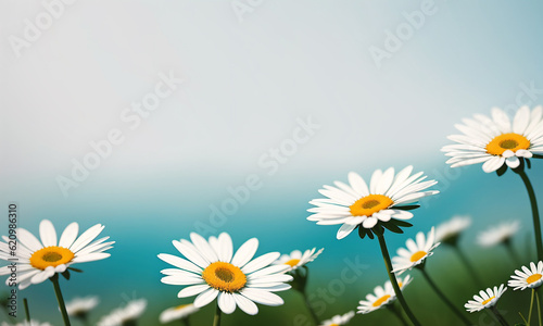 Beautiful daisies on a blue background  copy space. Generative AI.