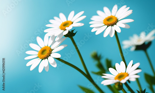 Beautiful daisies on a blue background  copy space. Generative AI.