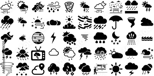 Mega Collection Of Storm Icons Collection Hand-Drawn Solid Drawing Silhouettes Nature, Typhoon, Drought, Icon Element Isolated On White