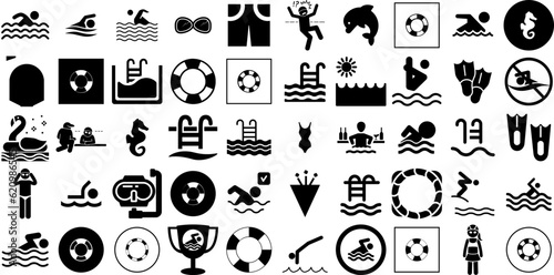 Big Collection Of Swim Icons Set Solid Infographic Silhouette Muscular, Swimwear, Icon, Sport Symbols Vector Illustration