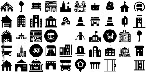 Big Collection Of Town Icons Pack Solid Modern Clip Art District, Residential, Symbol, Icon Buttons For Apps And Websites
