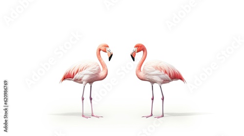 Isolated flamingos in pairs on a white backdrop. made using generative AI tools