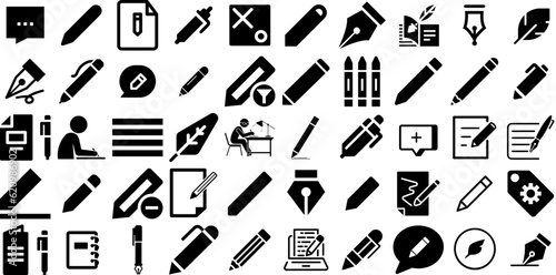 Mega Collection Of Write Icons Bundle Hand-Drawn Isolated Drawing Symbols Element, Implement, Collection, Icon Elements Isolated On White Background