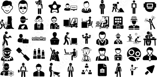 Huge Collection Of Worker Icons Collection Hand-Drawn Black Concept Signs Businesswoman, Welfare, Businessman, Worker Graphic For Computer And Mobile
