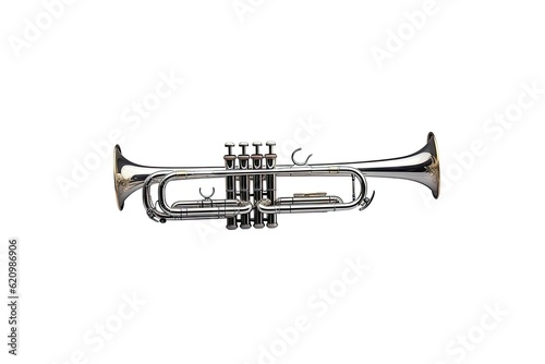 Golden metallic trumpet with a shiny fresh finish  isolated on a white backdrop. design for an orchestral band and related musical instruments