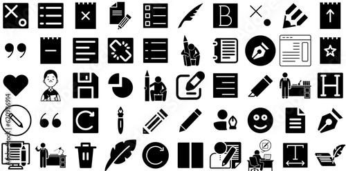 Huge Set Of Writer Icons Collection Hand-Drawn Isolated Cartoon Symbols Editor, Design, Filed, Icon Logotype Isolated On Transparent Background