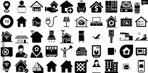 Huge Set Of Home Icons Pack Black Design Elements Sensor, Installation, People, Automation Clip Art Vector Illustration