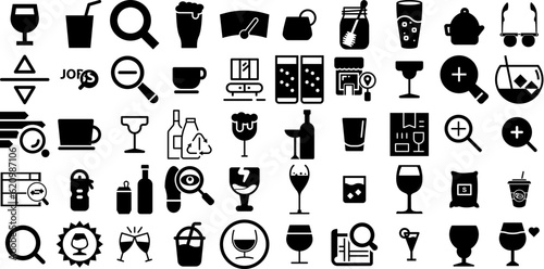 Massive Set Of Glass Icons Pack Flat Cartoon Silhouette Icon, Symbol, Traceability, Magnifier Logotype Isolated On White Background