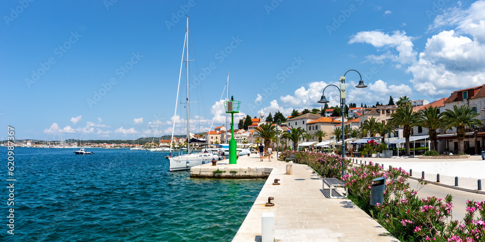 Fototapeta premium Rogoznica waterfront and marina at the Mediterranean Sea vacation panorama in Croatia