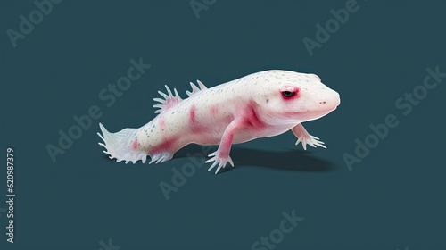 a frontal body picture showing the tail of a speckled leucistic axolotl. made using generative AI tools