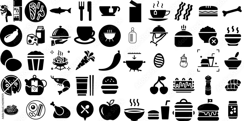 Mega Set Of Food Icons Pack Solid Modern Silhouettes Pointer, Certified, Health, Cooked Doodles Isolated On White Background