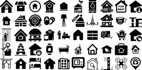 Mega Set Of Home Icons Collection Hand-Drawn Isolated Drawing Pictogram Sensor, Installation, Automation, People Glyphs Isolated On White Background