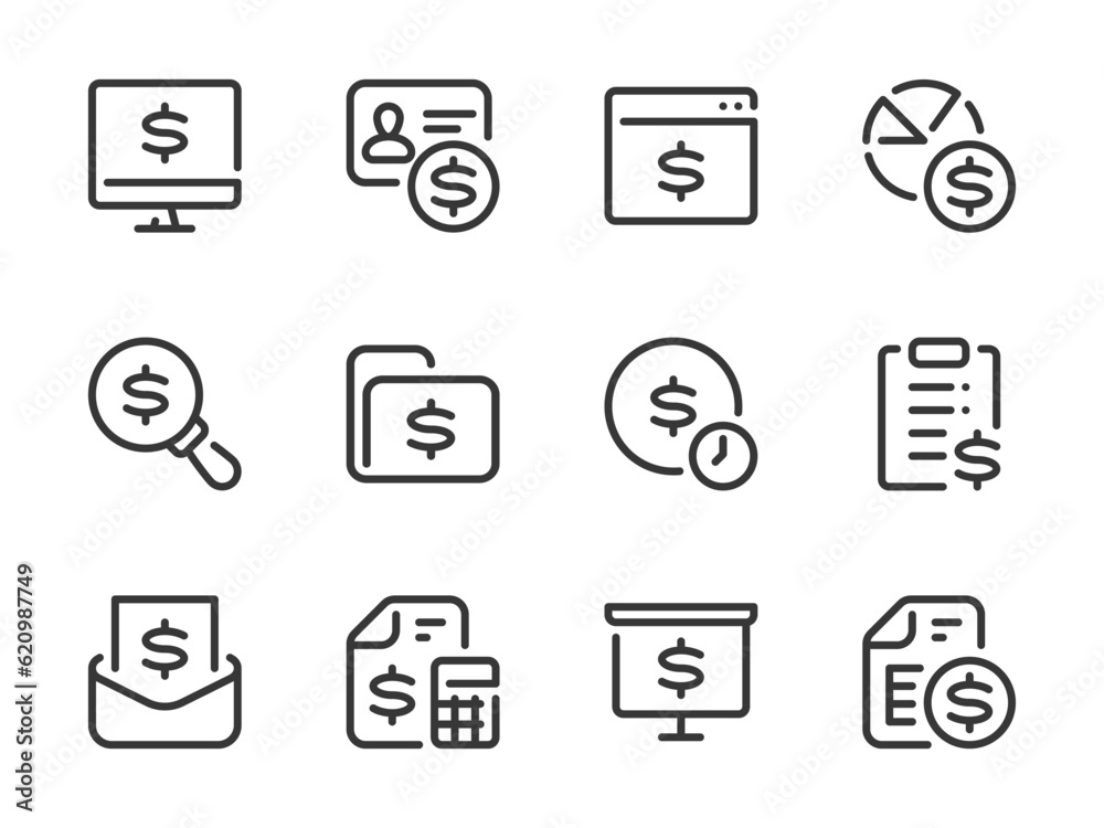Money, Dollar and Finance vector line icons. Budget and Margin outline icon set. Financial document, Investment search, Payment term, Personal payment and more. Money, Dollar and Finance vector line icons. Budget and Margin outline icon set. Financial document, Investment search, Payment term, Personal payment and more.