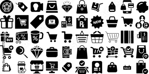 Massive Collection Of Shopping Icons Set Hand-Drawn Solid Cartoon Elements Purchase  Shopping Centre  Goodie  Mark Clip Art For Apps And Websites