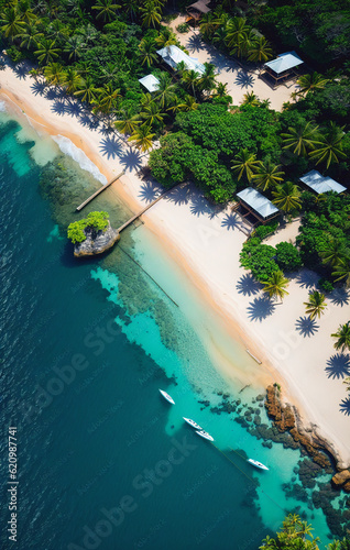 Aerial view of beautiful tropical beach with coconut palm trees, blue lagoon and white sand. Generative AI. © Anton Dios