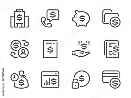 Money, Dollar and Finance vector line icons. Banking and Financial services outline icon set. Bank, Mortgage, Loan, Consumer credit, Deposit, Dividends and more.