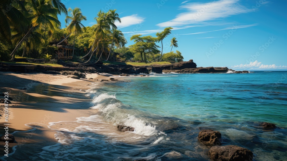 A tropical island with a sandy beach and coconut palm trees