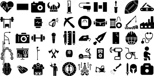 Huge Set Of Equipment Icons Set Hand-Drawn Solid Vector Glyphs Engineering, Speaker, Health, Tool Doodles For Apps And Websites