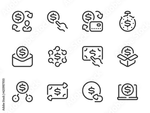 Money, Dollar and Finance vector line icons. Money transfer and Exchange outline icon set. Money movement, Salary, Savings, Cash income and more.