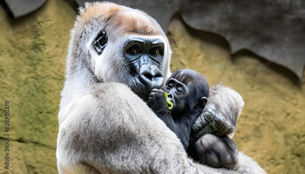 Obraz premium gorilla with her baby ,Generative AI