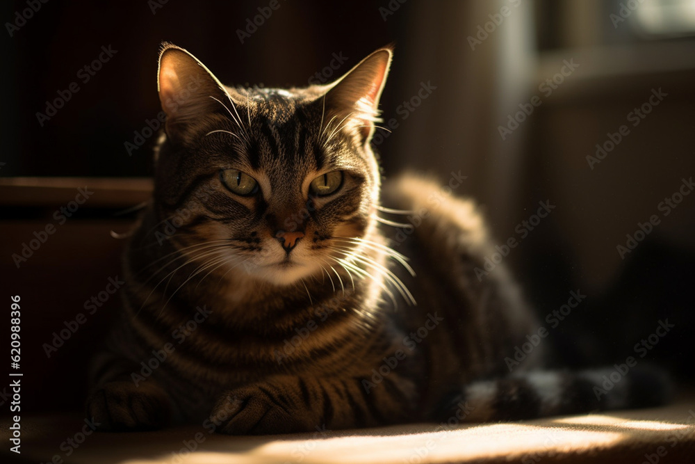 A cat lounging in a sunbeam with bokeh highlights, cat, bokeh Generative AI