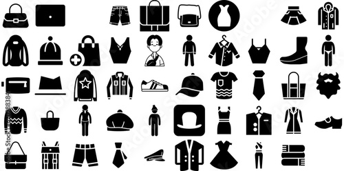 Huge Set Of Fashion Icons Collection Hand-Drawn Solid Cartoon Elements Silhouette, Icon, Making, Open Logotype Isolated On White Background