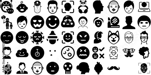 Big Set Of Face Icons Collection Hand-Drawn Isolated Infographic Pictogram Profile, Silhouette, Laundered, Farm Animal Elements Vector Illustration