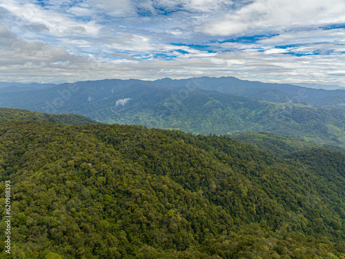 Top view of mountains and hills with green forest and trees in the tropics. Sumatra, Indonesia.