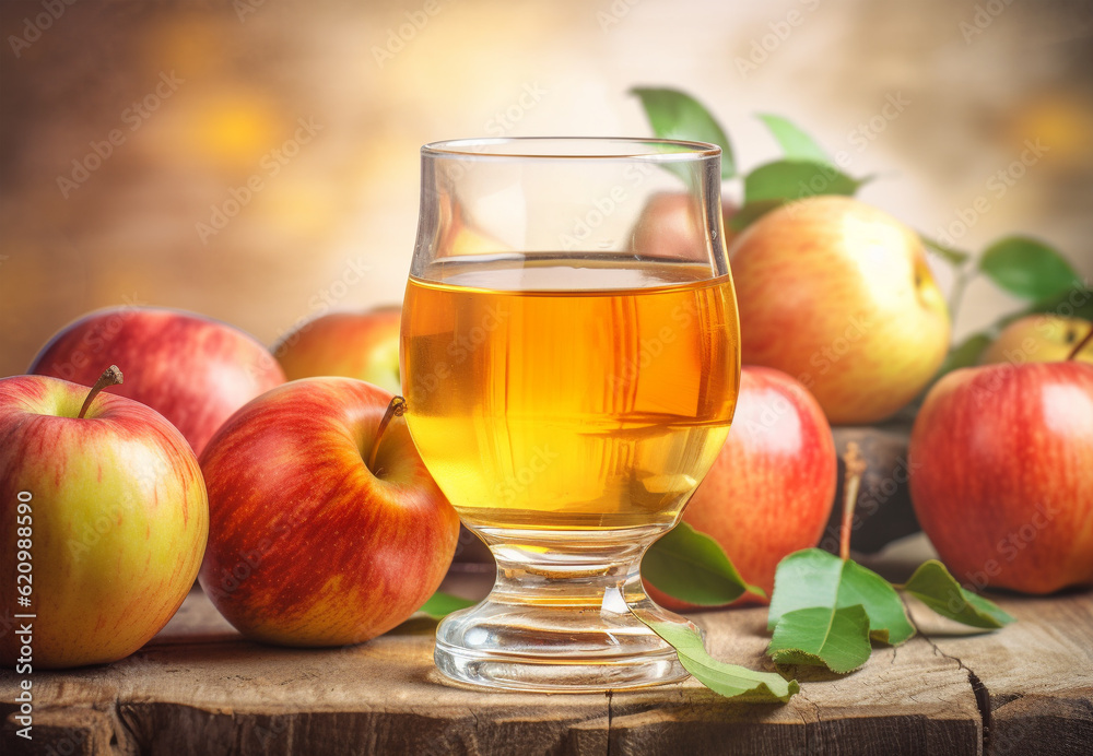 Apple juice in a glass and apples on light rustic background. Still life with apple juice. Generative AI Apple juice in a glass and apples on light rustic background. Still life with apple juice. Generative AI