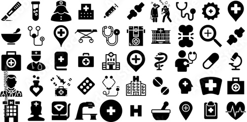 Massive Set Of Hospital Icons Collection Hand-Drawn Black Design Symbols Patient, Symbol, Health, Icon Element For Computer And Mobile