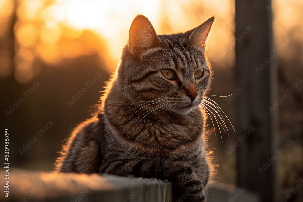 A cat perched on a fence post with bokeh of the sunset in the background, cat, bokeh Generative AI