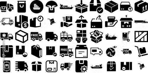 Mega Set Of Shipping Icons Pack Isolated Simple Silhouette Coin, Icon, Infographic, Distribution Element For Apps And Websites