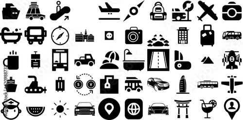 Fototapeta Naklejka Na Ścianę i Meble -  Big Collection Of Travel Icons Collection Hand-Drawn Isolated Drawing Signs Pointer, Photo Camera, Silhouette, Yacht Buttons Isolated On Transparent Background