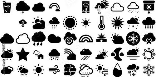 Big Set Of Weather Icons Bundle Solid Concept Symbols Forecast, Symbol, Icon, Weather Forecast Pictograph Vector Illustration