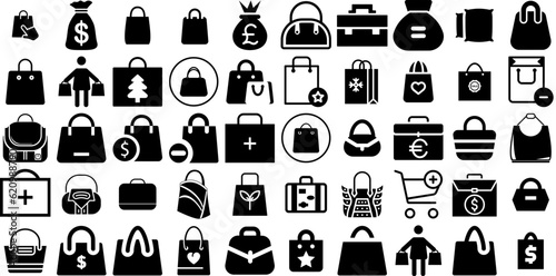 Huge Set Of Bag Icons Set Hand-Drawn Black Design Glyphs Investment, Silhouette, Goodie, Finance Logotype Isolated On White
