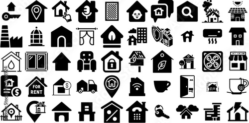 Massive Collection Of House Icons Set Flat Drawing Symbol Mark, Silhouette, Tool, Roof Element Isolated On Transparent Background