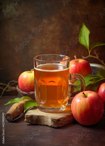 Apple juice in a glass and apples on light rustic background. Still life with apple juice. Generative AI